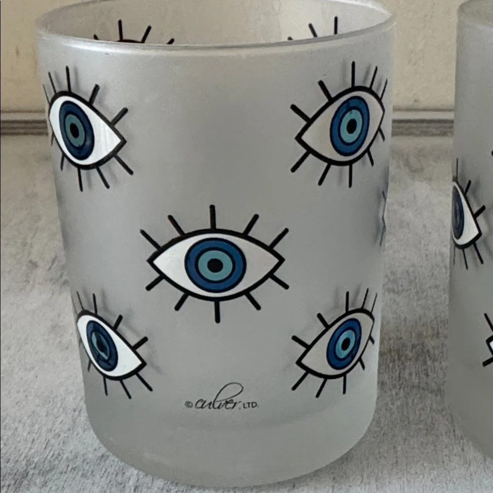 Culver Blue Evil Eye Pattern Frosted 2 Glasses Set